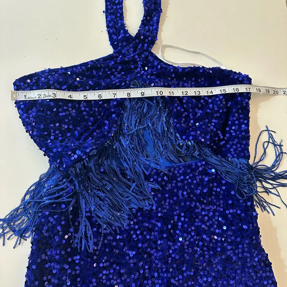 Lulus Royal Blue Elevated Dazzle Velvet Sequin Fringe Halter Mini Dress NWT L - Picture 16 of 16